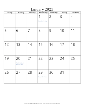January 2025 Calendar (vertical) Calendar