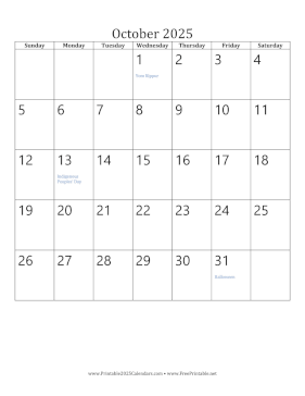 October 2025 Calendar (vertical) Calendar