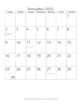 November 2025 Calendar (vertical) Calendar
