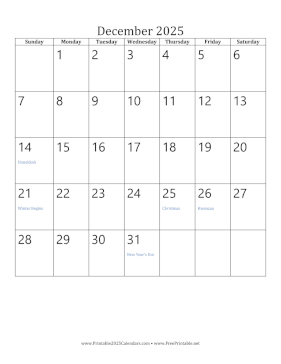 December 2025 Calendar (vertical) Calendar