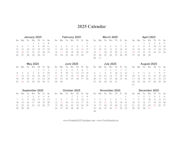 2025 Calendar One Page Horizontal Holidays In Red Calendar