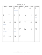 April 2025 Calendar (vertical)